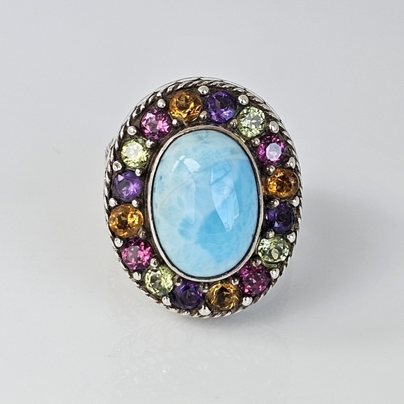 Artisan Jewelry - Artisan Crafted Natural Larimar & Multicolor Tourmaline 💍 Sterling Silver Sz 7.